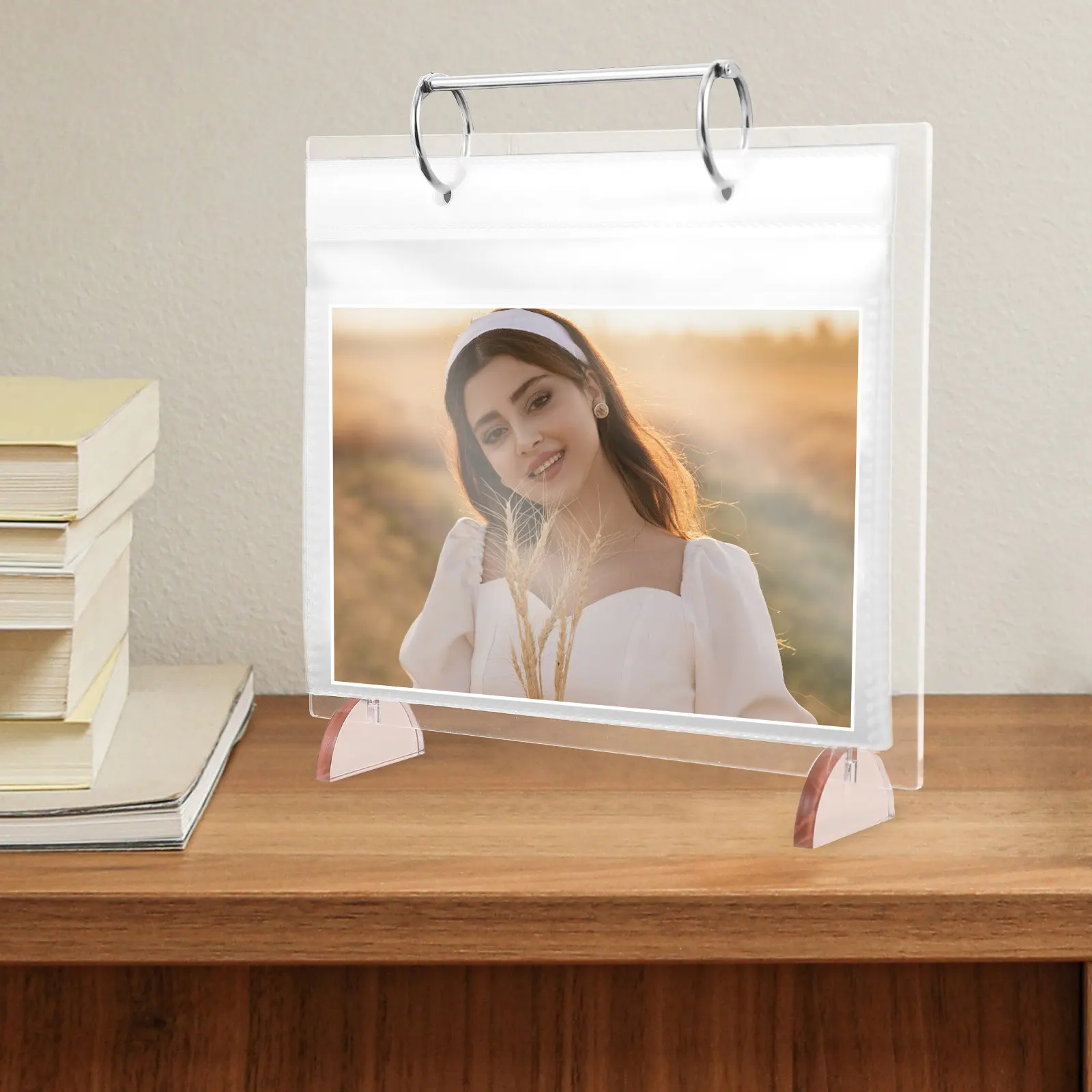 Clear Acrylic Photo Album Stand Desktop Calendar Holder with Transparent Pages Loose-Leaf Design for Home Coffee Shop Gallery