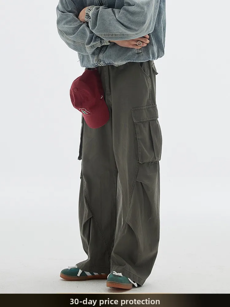 

Мужские повседневные брюки в американском ретро-стиле с 3D-кроем, осенние, модные, брендовые, с множеством карманов, прямые, широкие, для отдыха