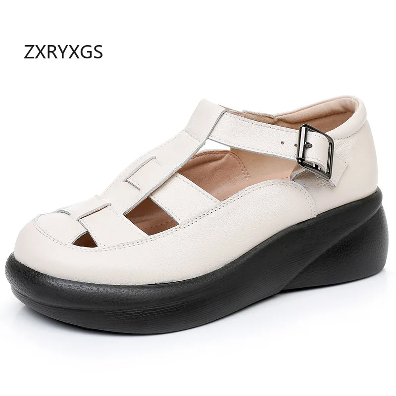 

ZXRYXGS Summer Superior Cowhide Round Woven Women Genuine Leather Sandals Roman Shoes 2024 Large Size Thick Sole Wedges Sandals