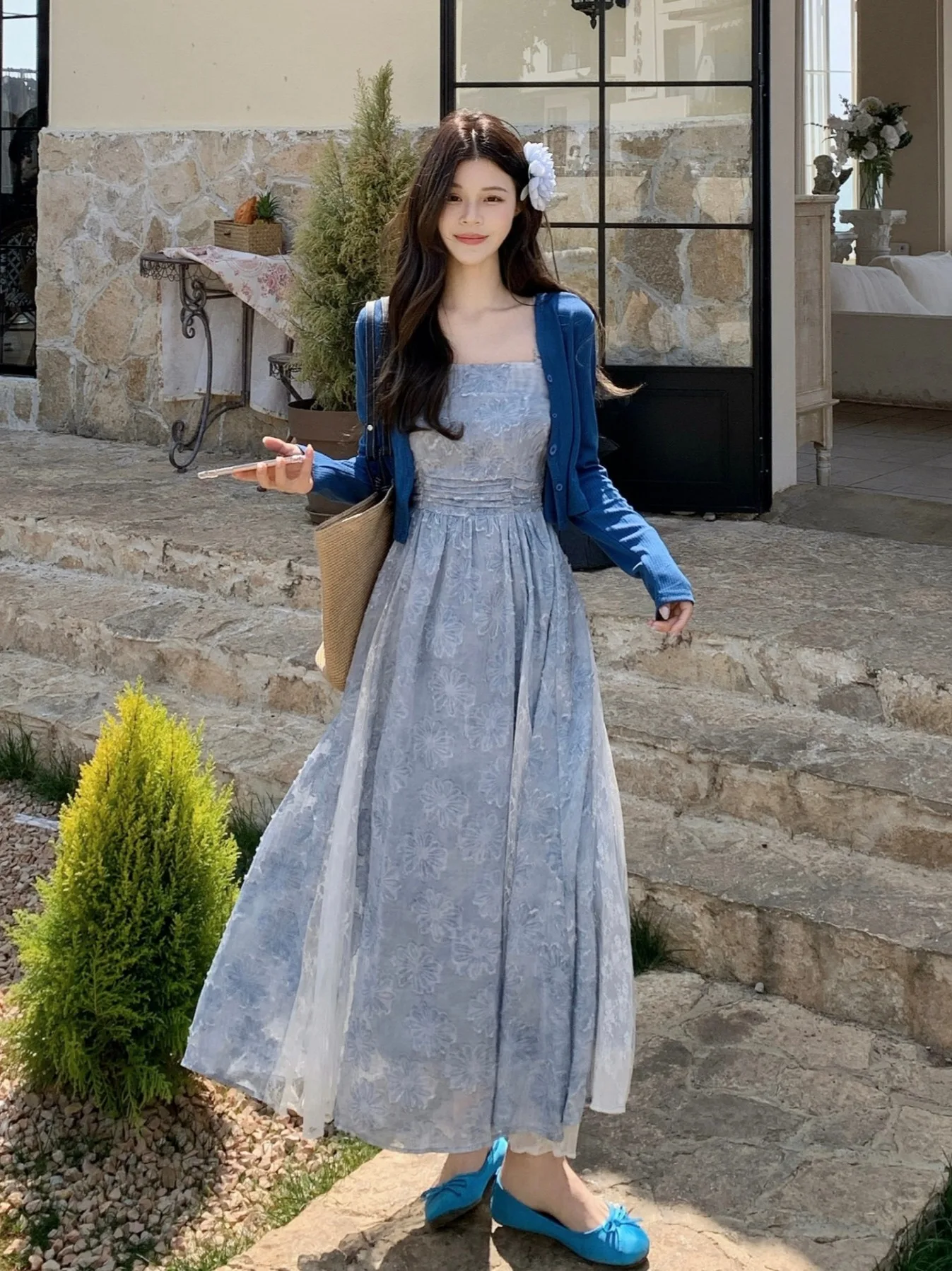 

plus Size Women's Lace Trim Tank Top And Cardigan Two-Piece Set Summer Fashion Outfit Blue Floral Splicing Casual Wear