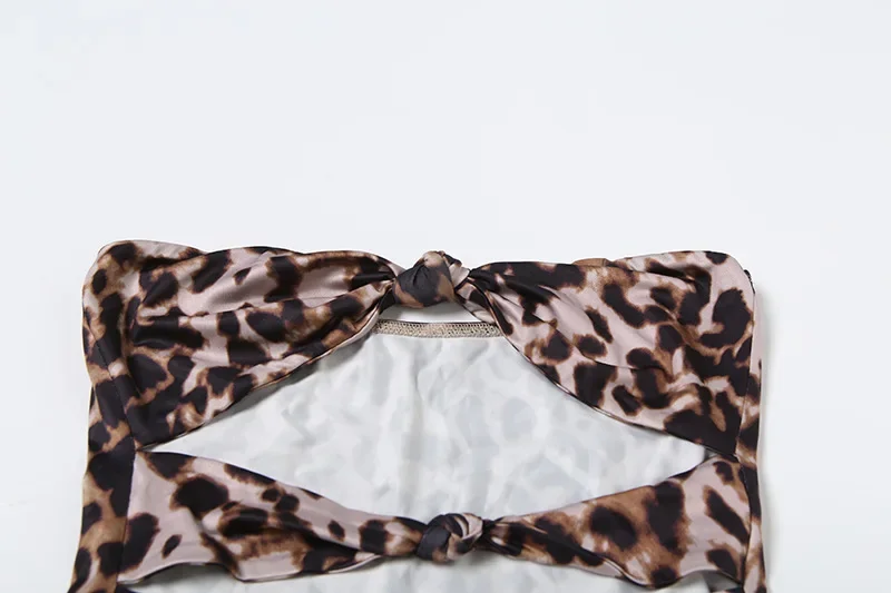 Set da 2 pezzi con stampa leopardata da donna con nodo sexy scava fuori tute senza spalline top + maxi gonne aderenti in rete trasparente abiti da festa per club