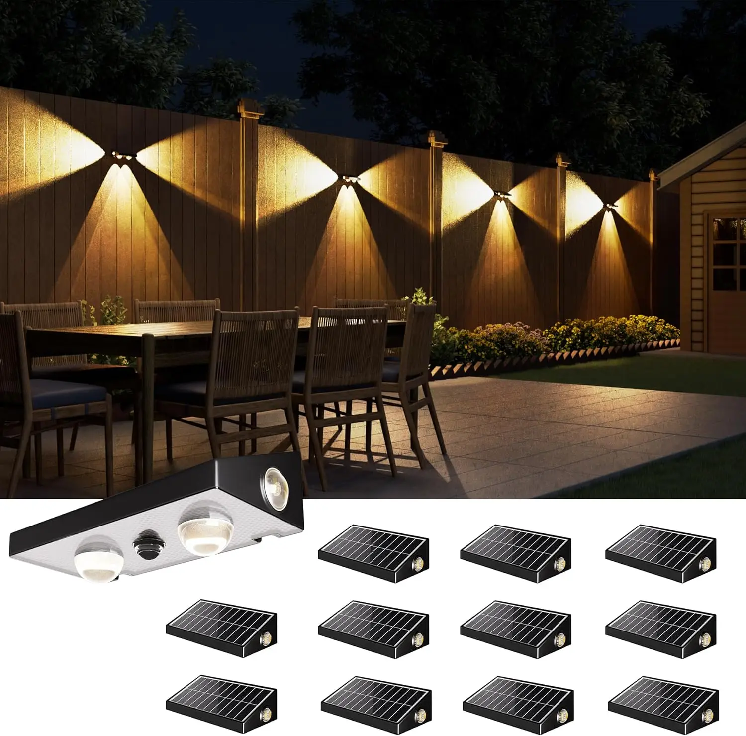 

Солнечные фонари для забора, 12 шт., водонепроницаемые светодиодные, на солнечной энергии, 10 режимов RGB и теплый белый, с 3-сторонней линзой для палубы, двора, стены