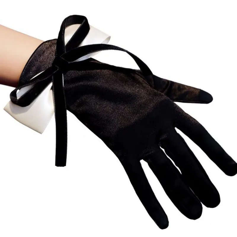 Gants de mariage en velours doré pour femmes, nœud en Satin, Style de luxe rétro, décoration de perles, élégants, accessoires de bal, étiquette