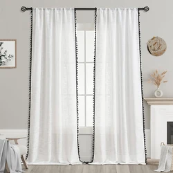 Cute Pom Pom Tassels Sheer Curtains for Bedroom Living Room Garland curtain Window Tulle Curtain Treatments Custom Size