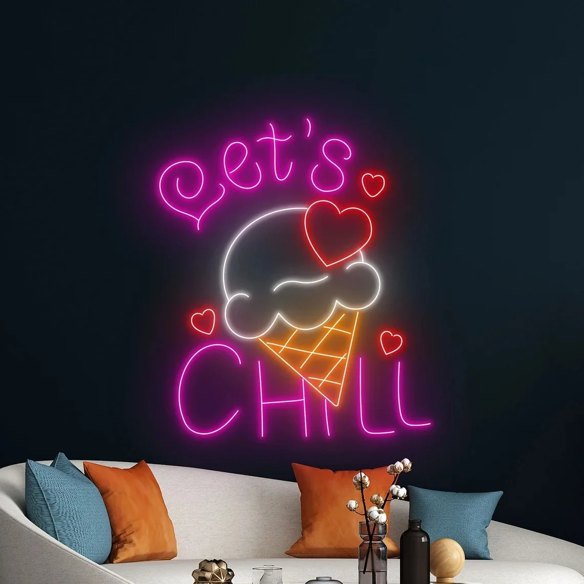 Let's Chill Ice Cream Neon Sign Ice Cream Cone  Neon Light Ice Cream Store Wall Art Light Decor Sign