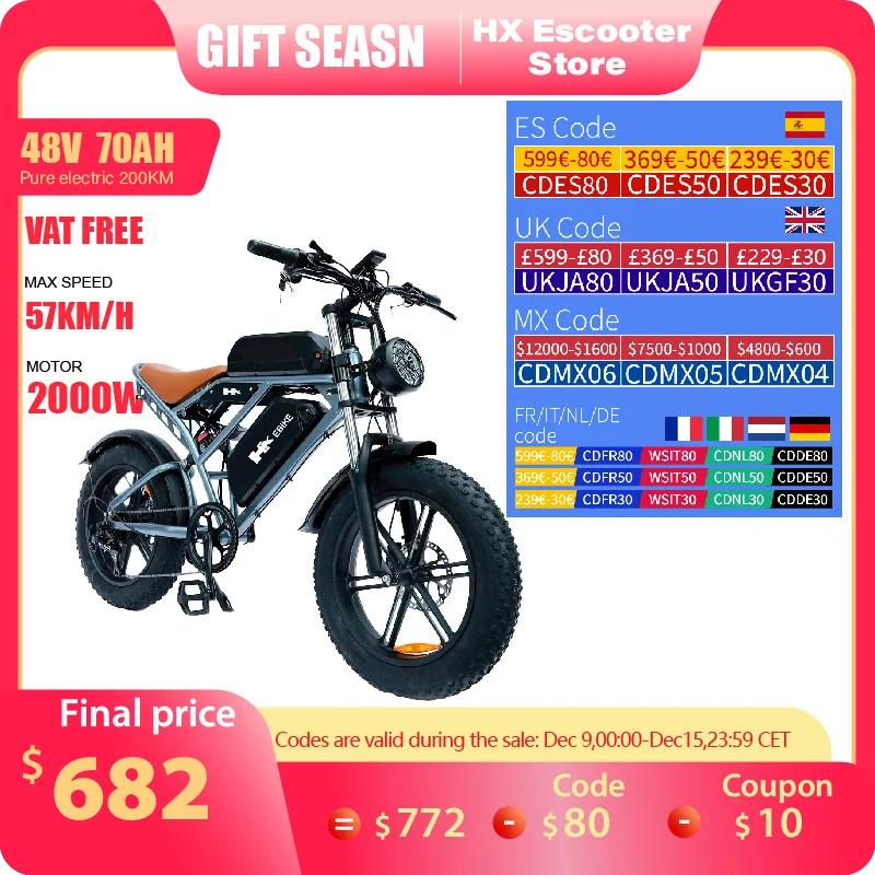 HX Q20 2000W Adults Electric Bike Bicycle 48V 55AH 20 Inch Fat Tire electric bikes ebike Mountain Oil Brake 2000W Ebikes