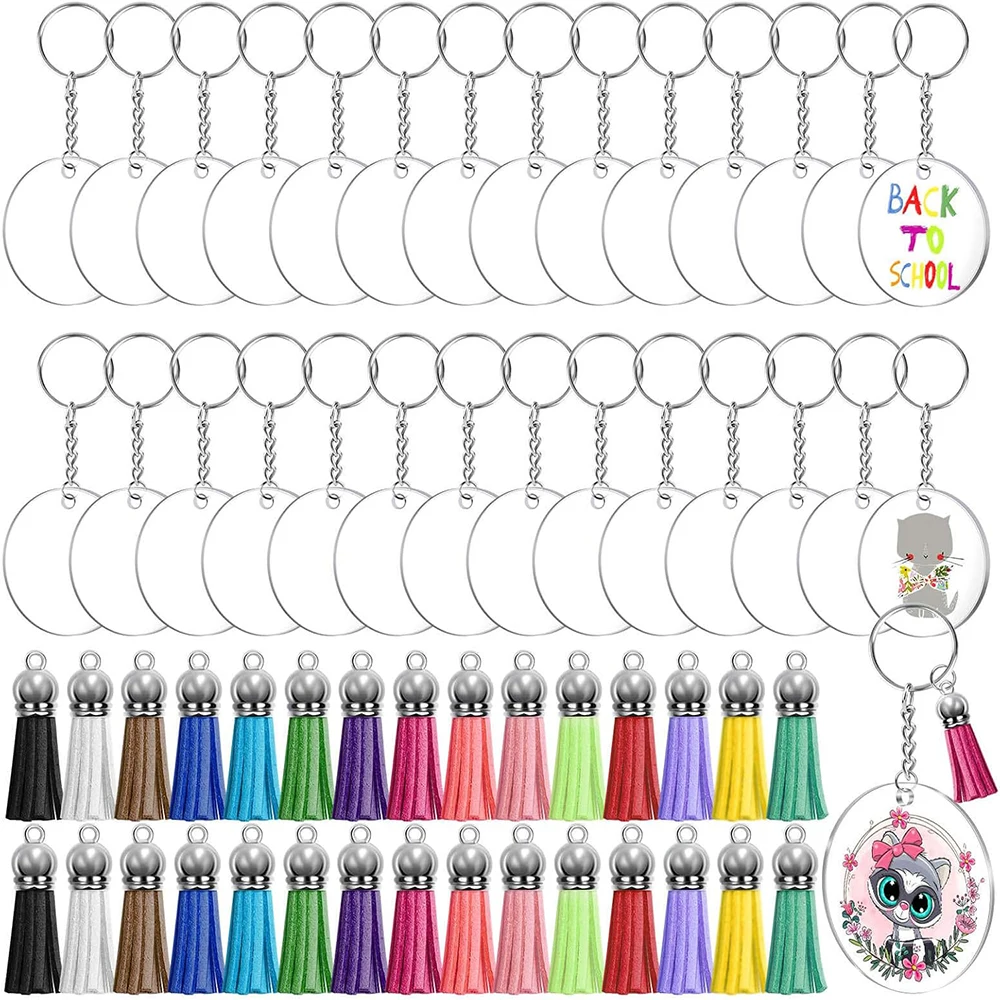 120PCS Acrylic Keychain Blanks Kit with Key Rings Jump Rings Round Keyring Set DIY Crafting Vinyl Projects