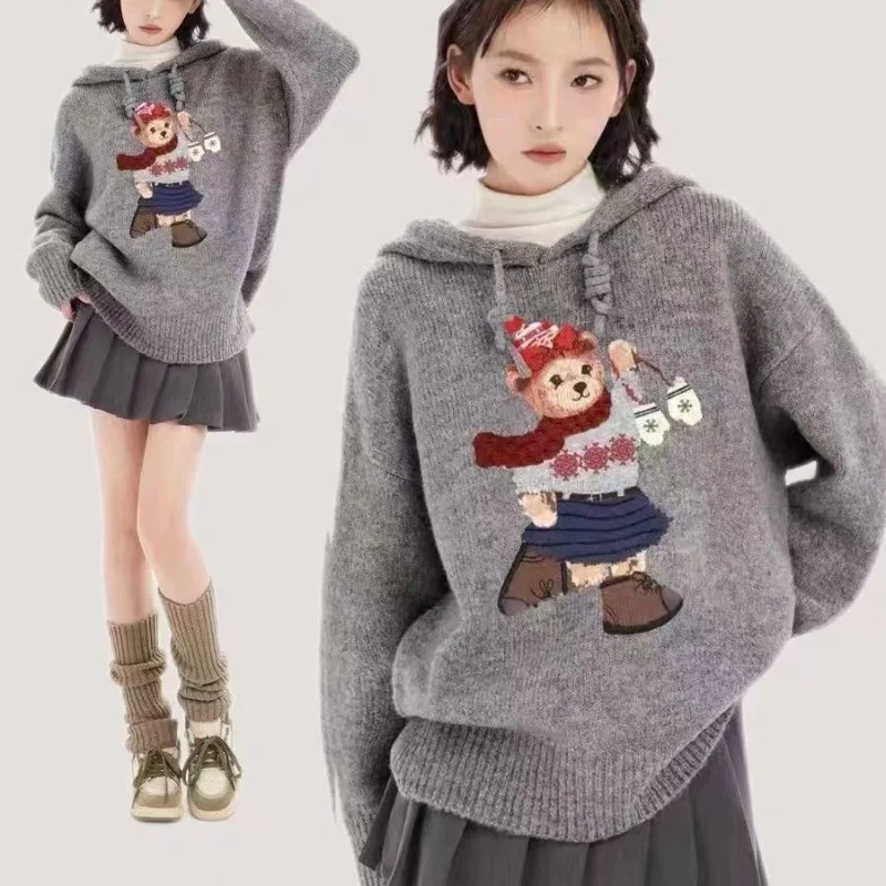 

MiiiiX Lazy Style Gray Cartoon Printed Hooded Knitted Pullover Women's Sweater Top Autumn Casual Thicken Knit Sweatshirt Hoodies