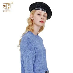 JOEJERRY Black Leather Beret Hat Embroidery Beret Flat Cap Boina Feminina Letter Hats for Women Girls