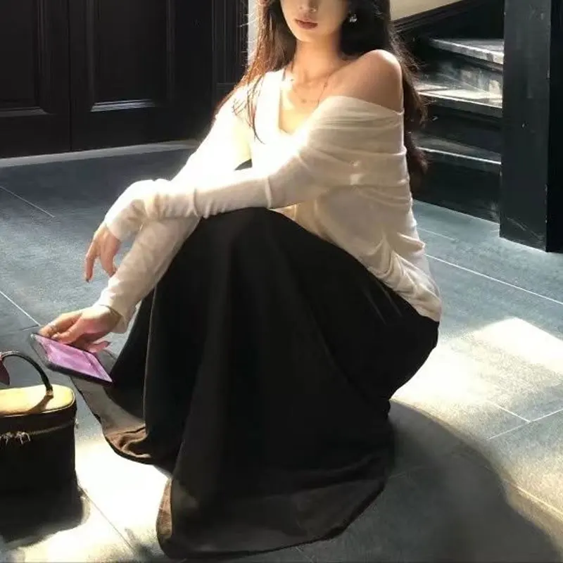 Stylish Folds Asymmetrical Pullovers Female Clothing Solid Color Spring Autumn Long Sleeve Aura Off Shoulder Elegant T-shirts