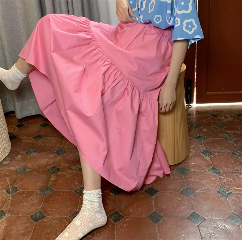 

2025 Autunm Women Long Maxi Skirt Vintage candy color pink yellow purple Plus size Pleated cotton linen party Skirts jupe longue