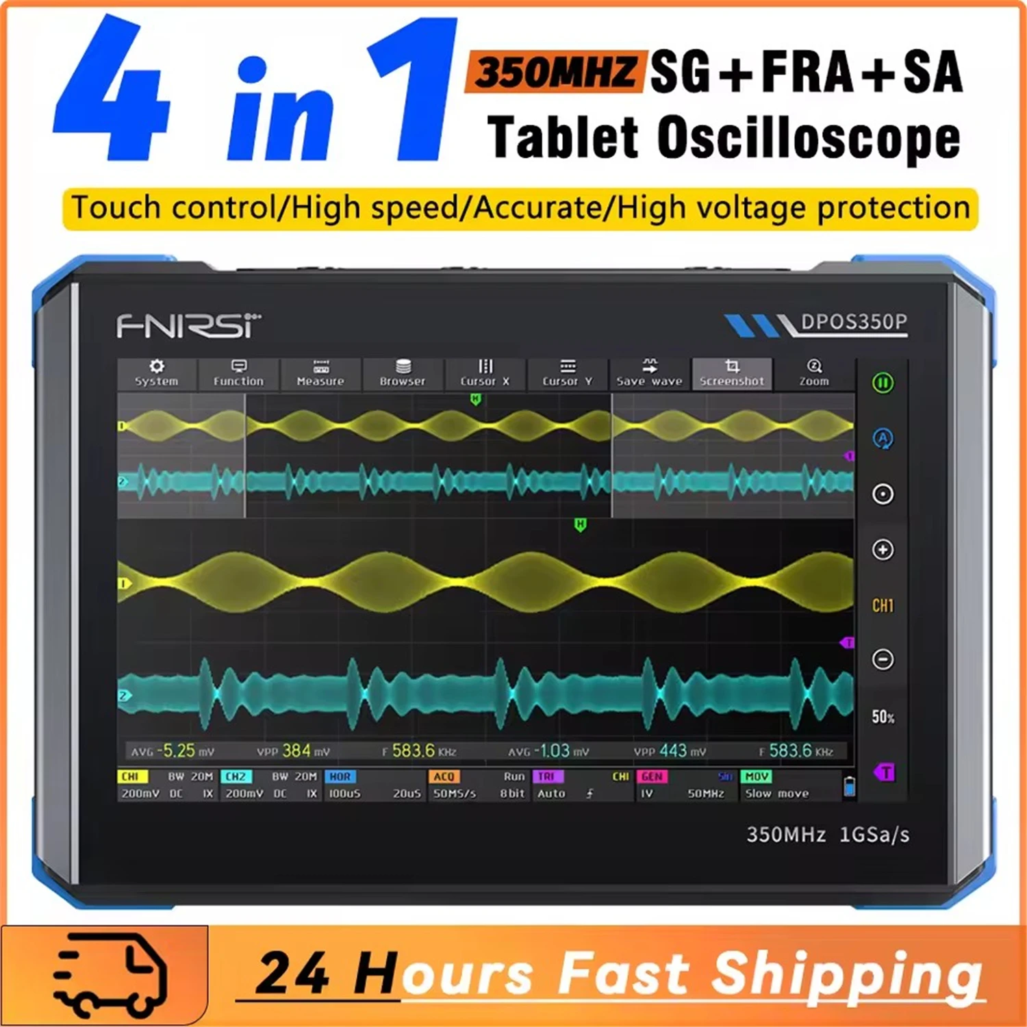 FNIRSI DPOS350P 4in1 Tablet Oscilloscope 2 Channel 350MHz Signal Generator 50MHz, Spectrum Analyzer, Frequency Response Analyzer