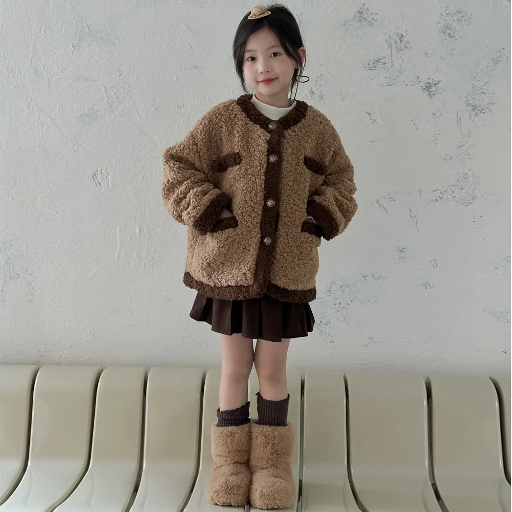 2PCS Clothes Set For 1-10Y Girls Winter Thicken Spliced Faux Fur Kids Girls Outerwear Maillard Style Toddler Girls Pleated Skirt