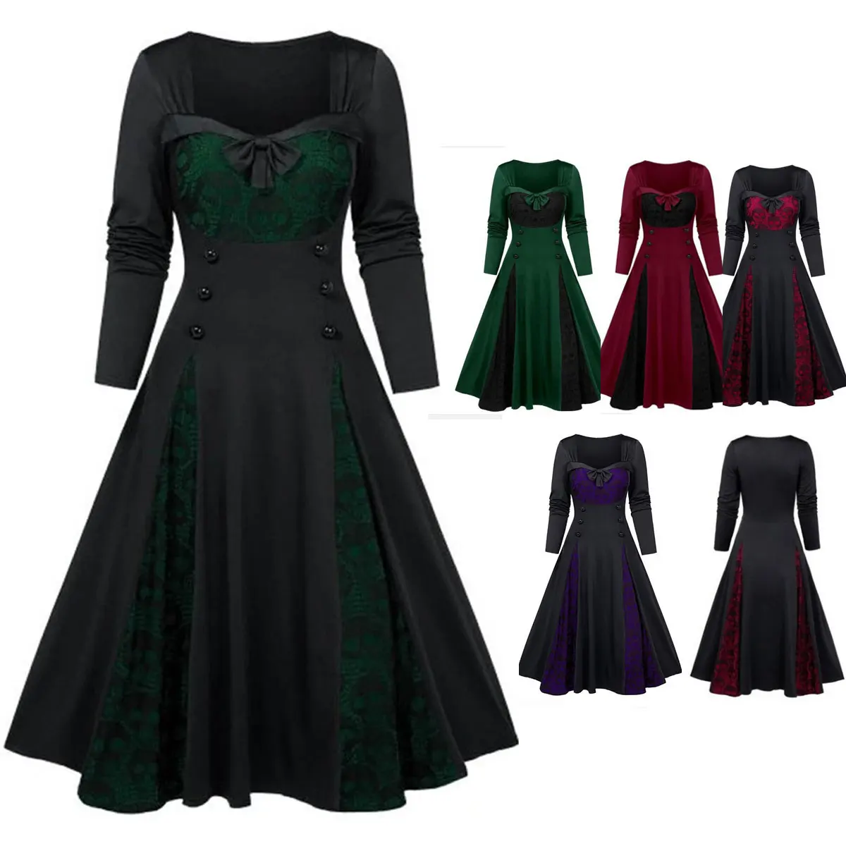 Victorian Gothic Queen Evening Dress Women Halloween Cosplay Court Costume Retro Lace Patchwork Dress Medieval Renaissance Dress