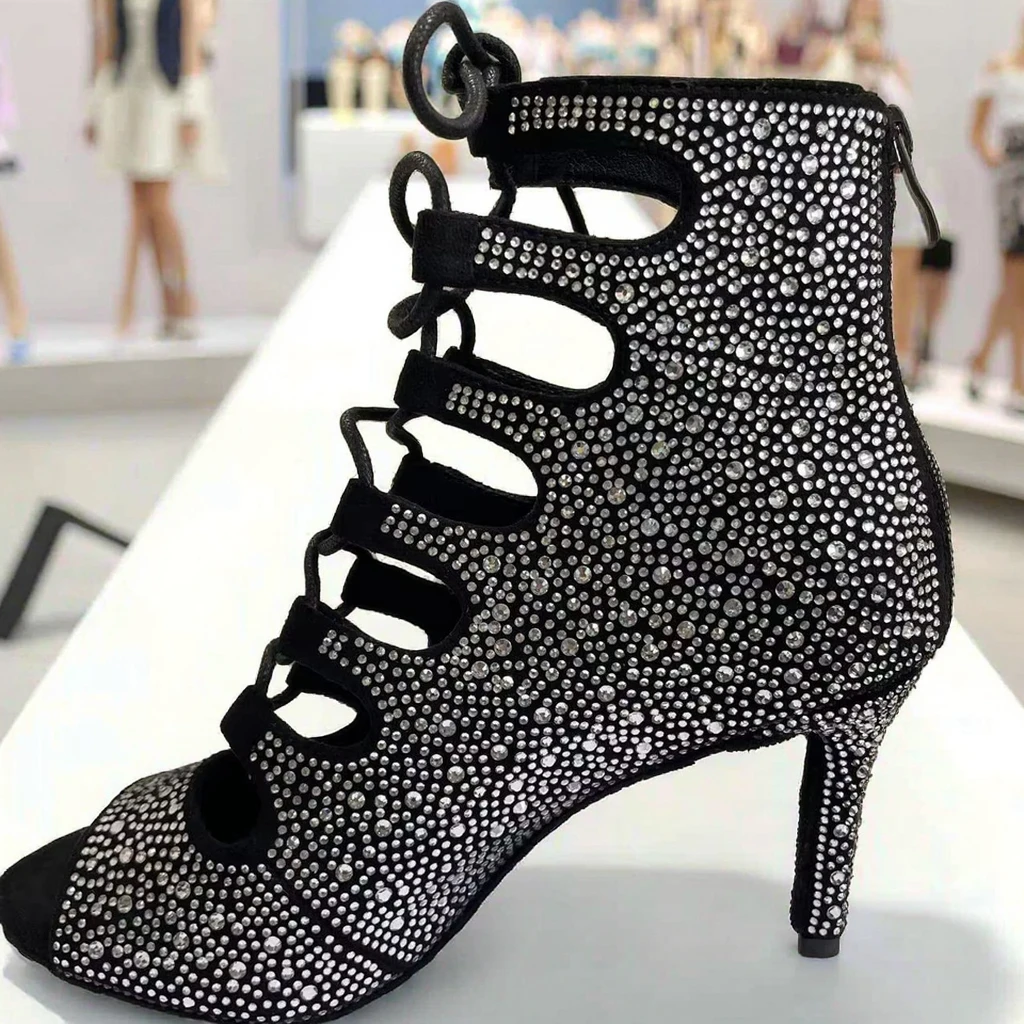 Practice Dance Shoes Women Slim Heel Latin Salsa Ballroom Dance Shoes Black Crystal Dance Shoes Girl Wedding Party Dancing Shoes