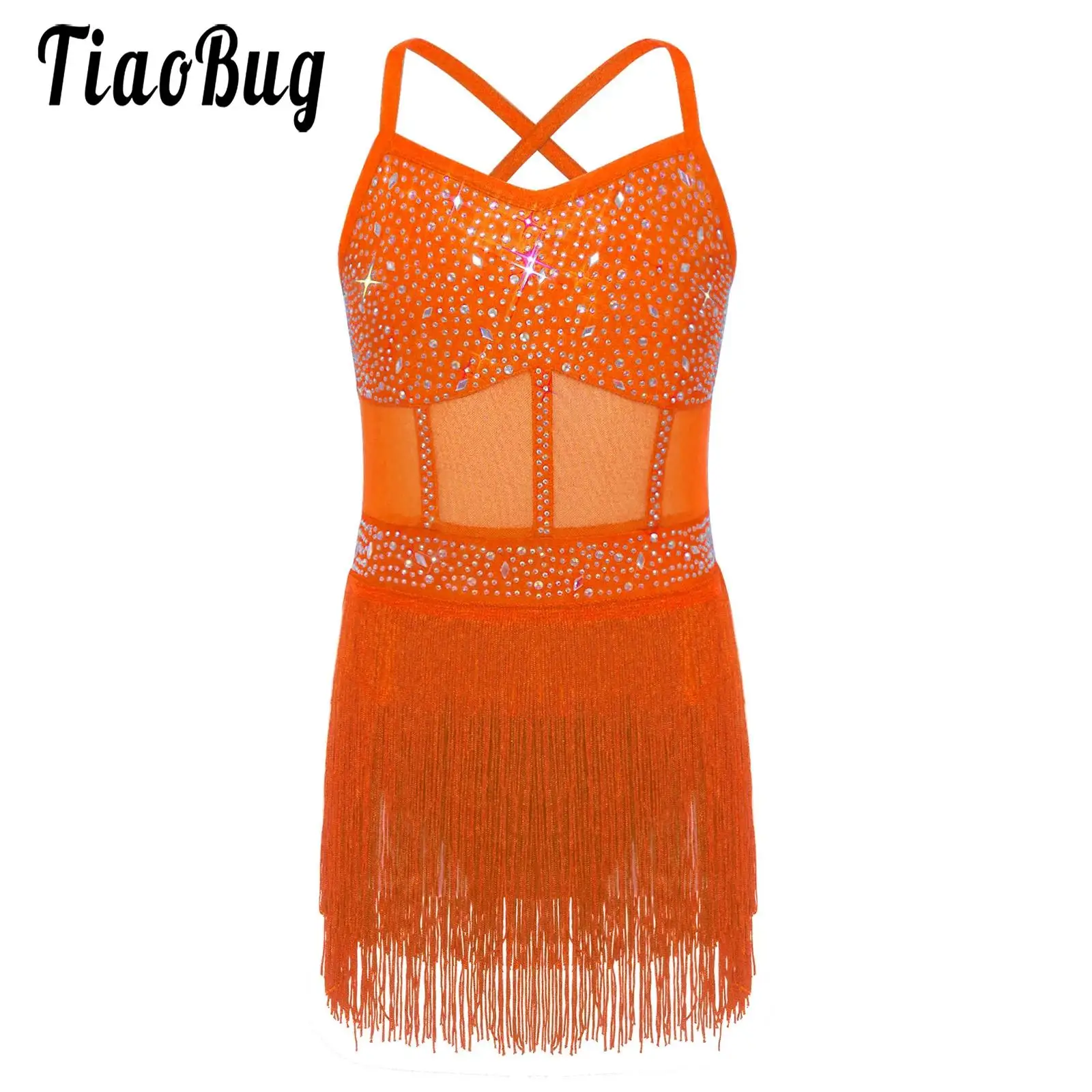 Kids Girls Latin Cha-cha Samba Tango Leotard Dress Dance Costume Rhinestones Sheer Mesh Fringe One Piece Bodysuit Jazz Dancewear - view 4