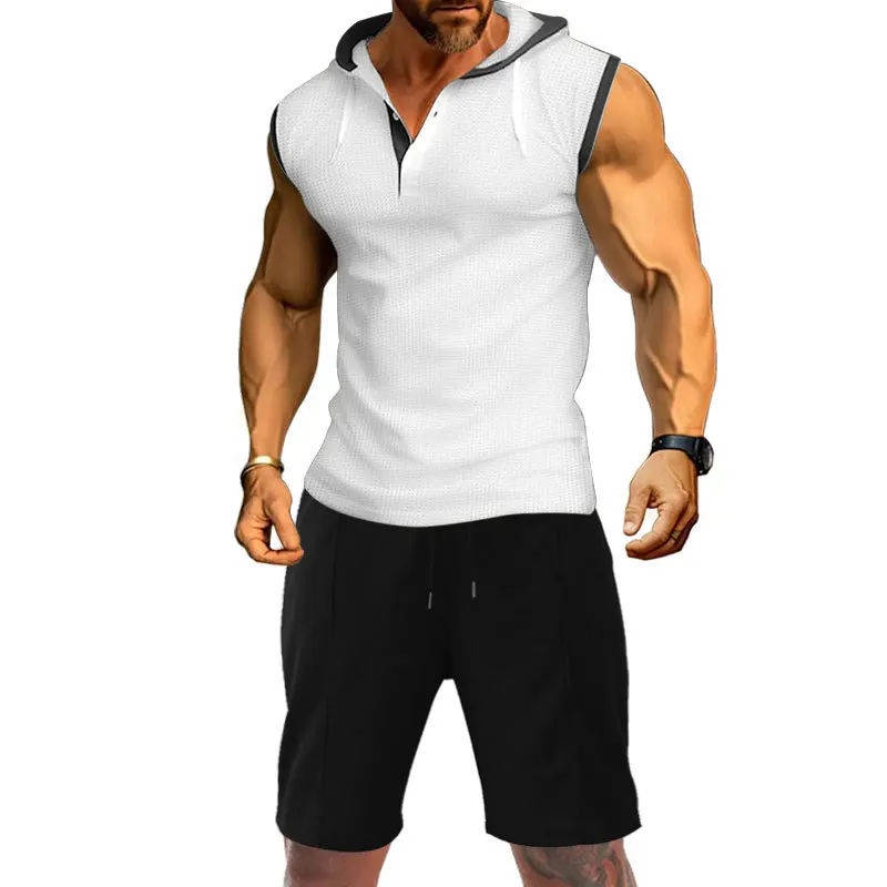 

Summer New Sleeveless Tank Top Shorts Casual T-shirt Solid Color Hooded Lace Up Men's Casual Sports Waffle Set