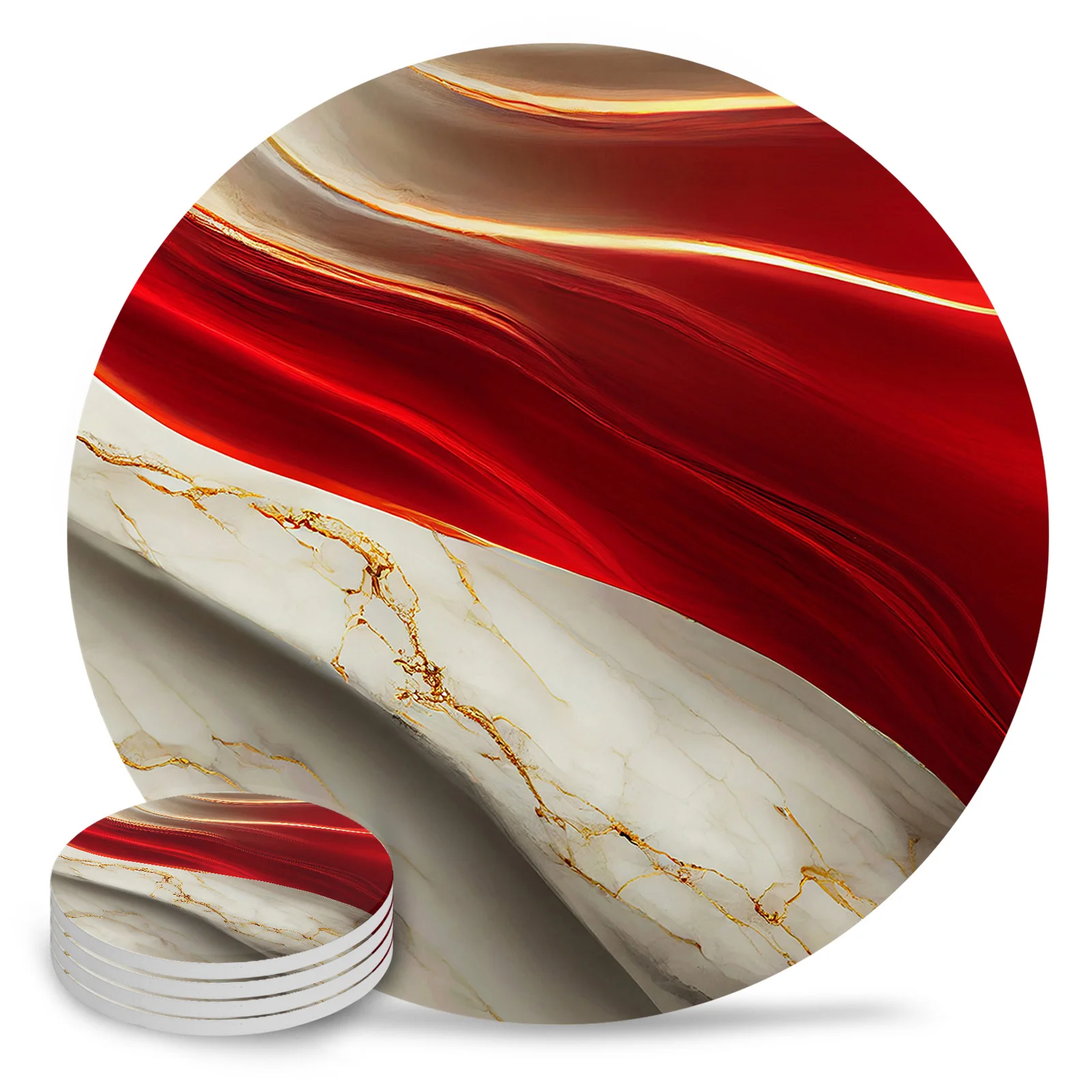 Marble Texture Red Coasters Ceramic Set Round Absorbent Drink Coaster Coffee Tea Cup Placemats Table Mat