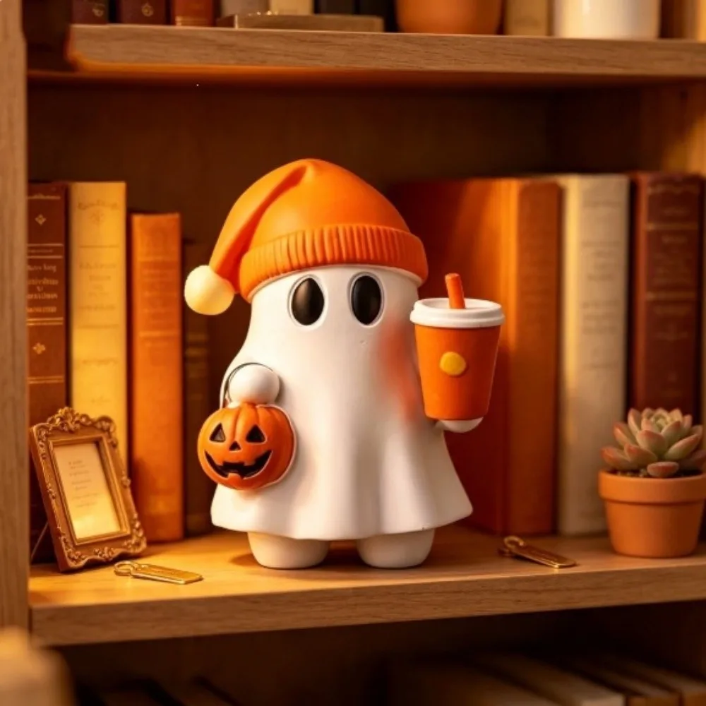 Cute Design Ghost Figurine Mini Size Pumpkin Halloween Decor Durable Vibrant Colors Resin Ornament Bookshelf Display