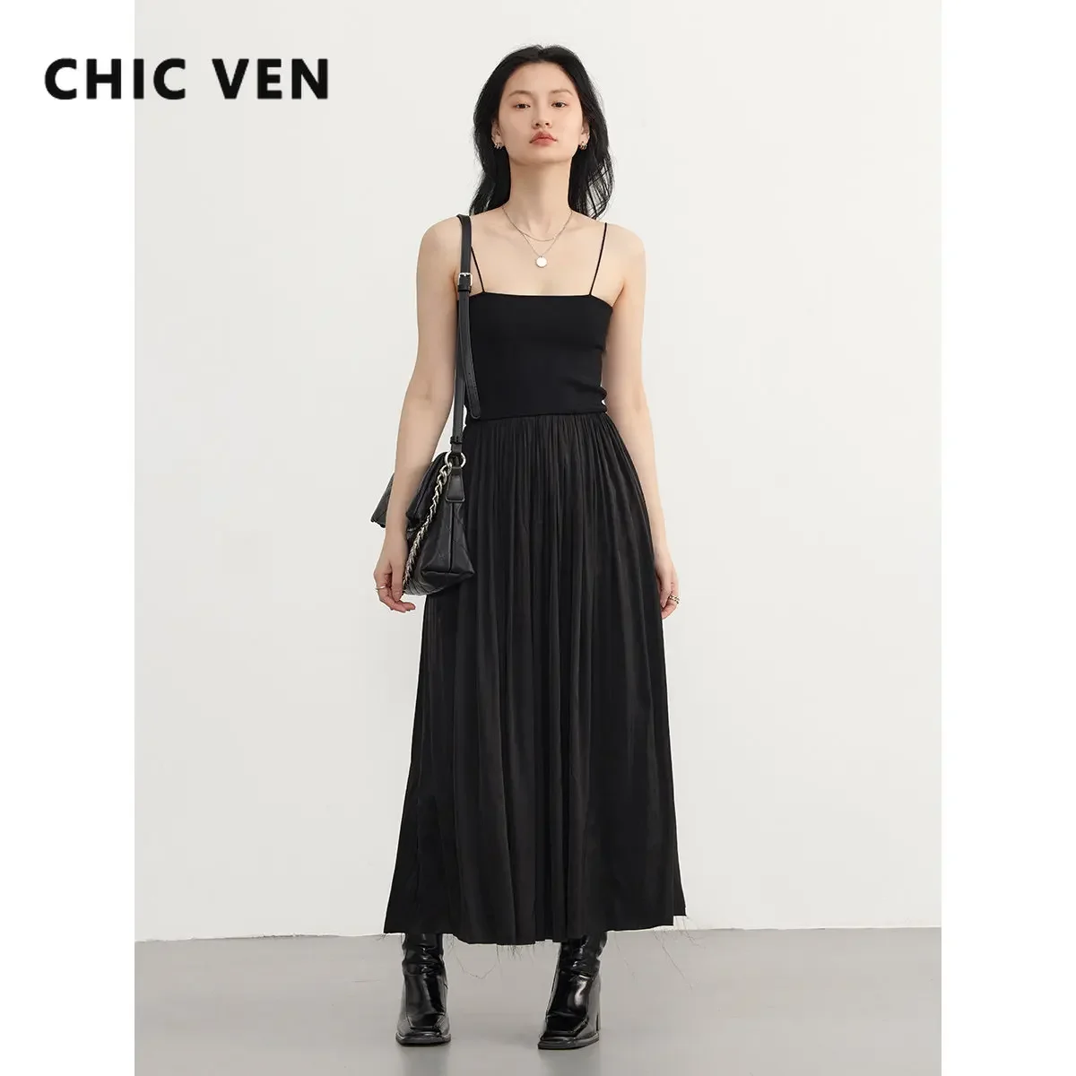 CHIC VEN Women's Long Pleated Dresses Solid Sleeveless Suspender Dress A Line Office Lady Woman New Fashion Spring Summer 2023