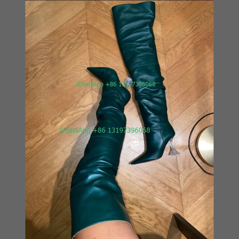 

Lady Green Color PVC Heel Design Thigh Boots Fall Sexy Pointed Toe PU High Heels Side Zip Party Daily Over the Knee Boots Size