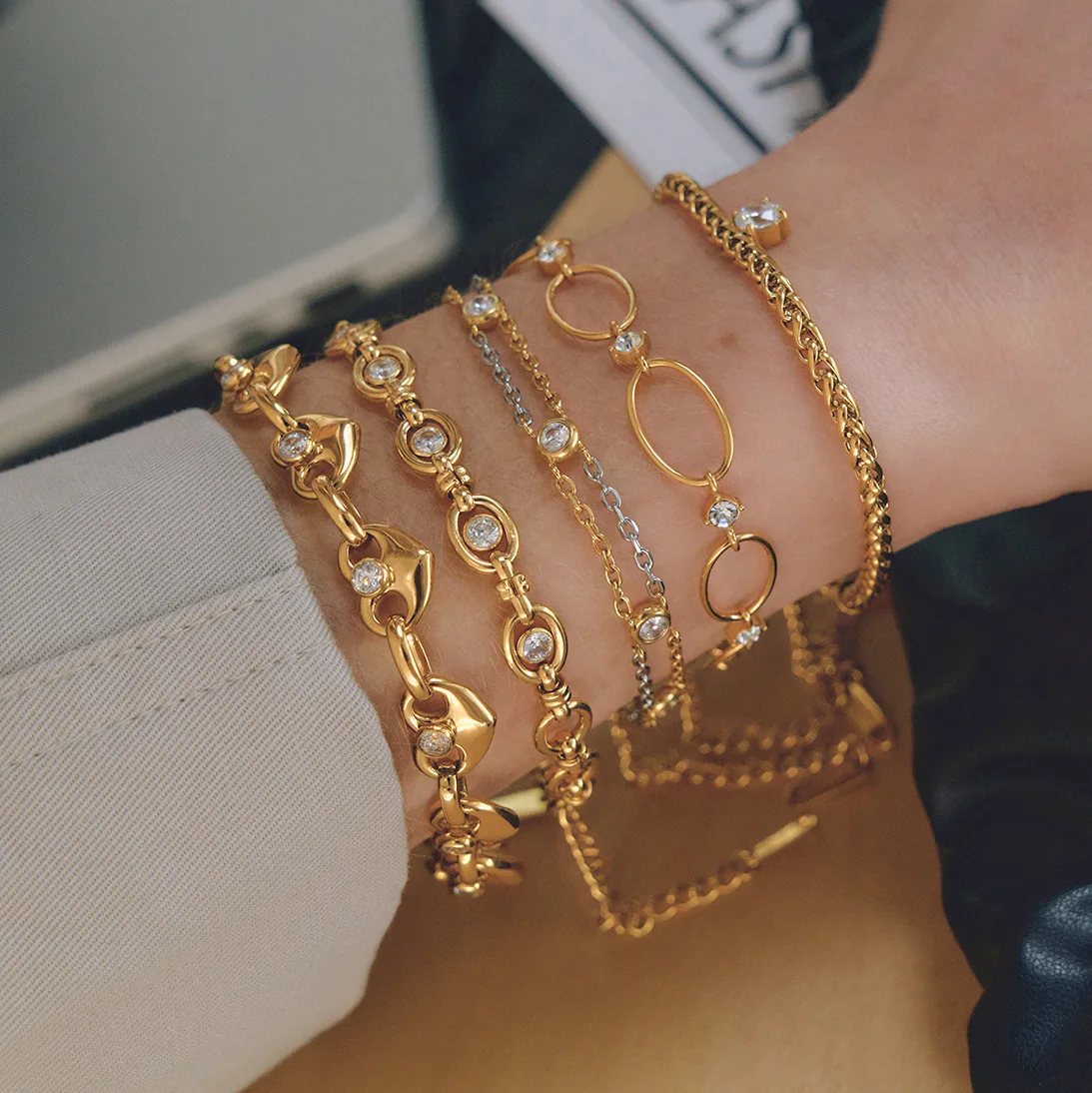 18K Gold Heart Mariner Link Bracelet Set,Waterproof Non-Fading Stainless Steel,Dainty CZ Crystal Layering Stack Jewelry