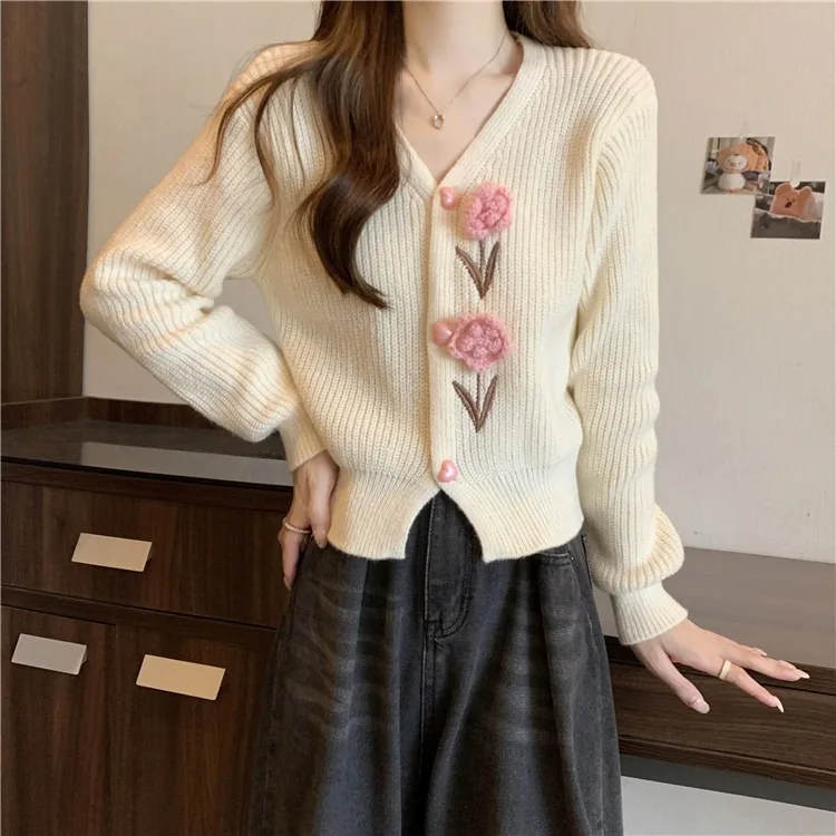 

Soft Cozy V-Ne Knitted ort Cardigan Women's Spring Autumn Embroidered Flower Heavy Embroidery Wide Waist Top Sweater Jaet