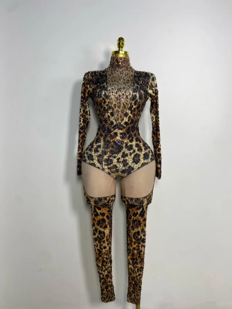 Sexy Tight Jumpsuit Drag Queen Bar Nightclub Female Singer Water Diamond Stage Performance Clothing Women Elastic Leopard Print