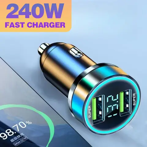 240W 2Port USB Digital Real-time Voltage car charger QC3.0 PD50W car Super Fast charger for Phones Car cigarette lighter adapter