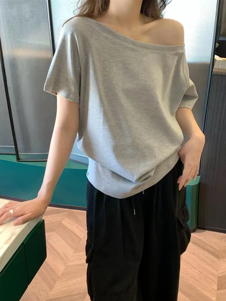 Asymmetric Screw Collar Women T‑Shirt 92% Cotton Casual Short Sleeve Top Breathable Off‑Shoulder Tee for Summer Street Fashion