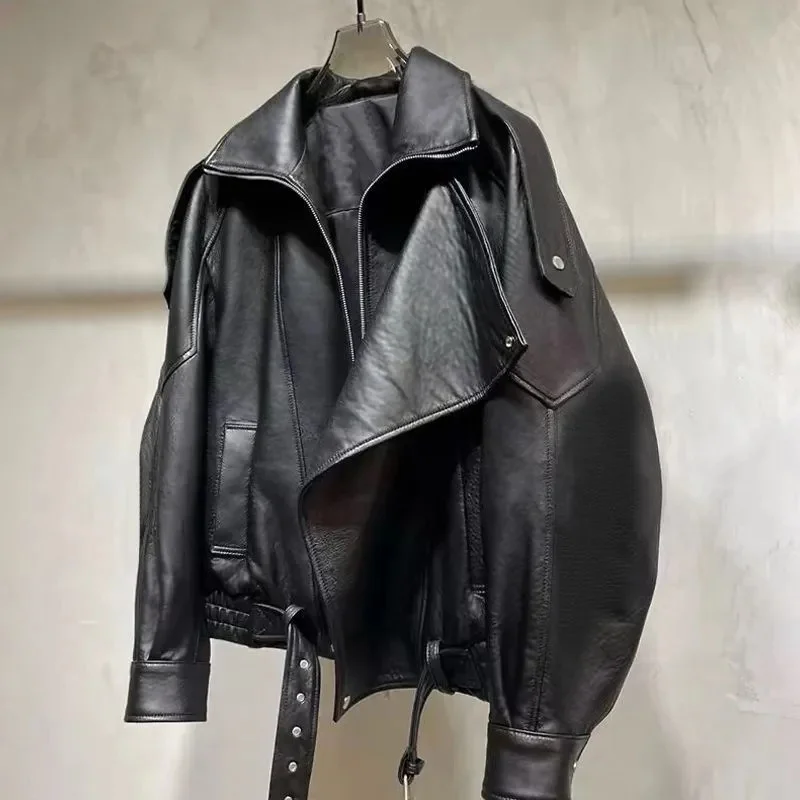 Chaqueta con cuello levantado para mujer, chaquetas de cuero lisas de doble botón de manga larga para mujer, moda de otoño 2025, prendas de vestir para mujer de calle alta