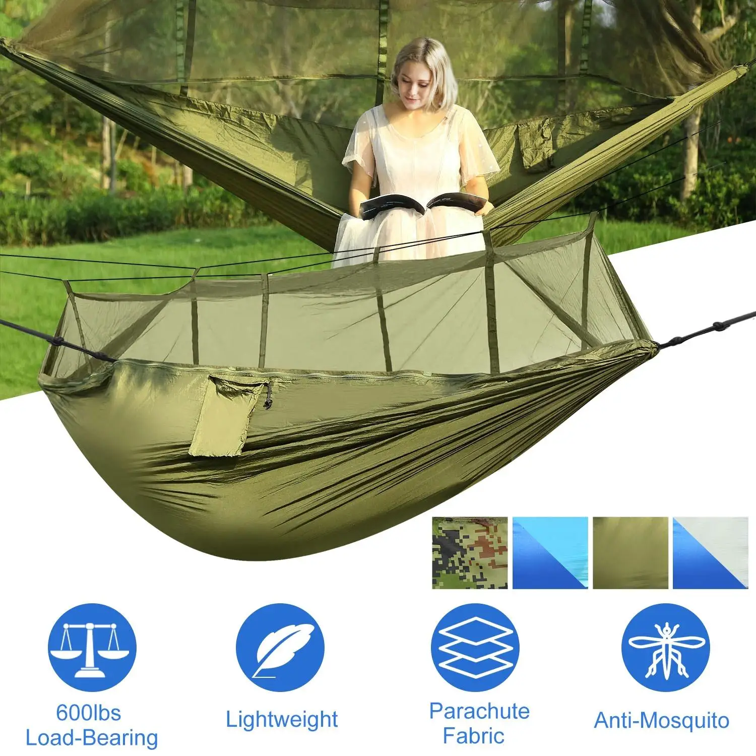 Portable Double Camping Hammock with Mosquito Net - 600lbs Capacity, Nylon Hanging Bed for 2, Includes Strap & Carry Bag