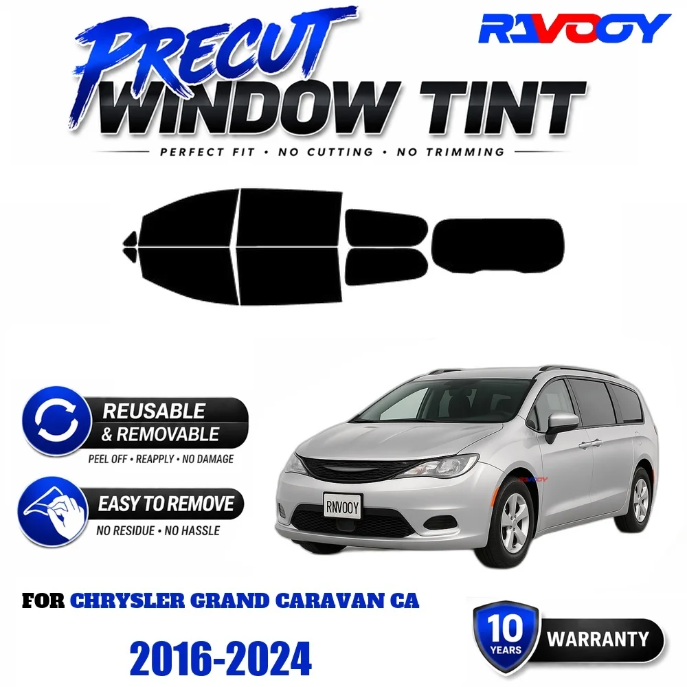 RAVOOY Precut Window Tint, Reusable Removable EPU Film, Custom Fit for Chrysler Grand Caravan CA 2016-2024, UV Heat Protection