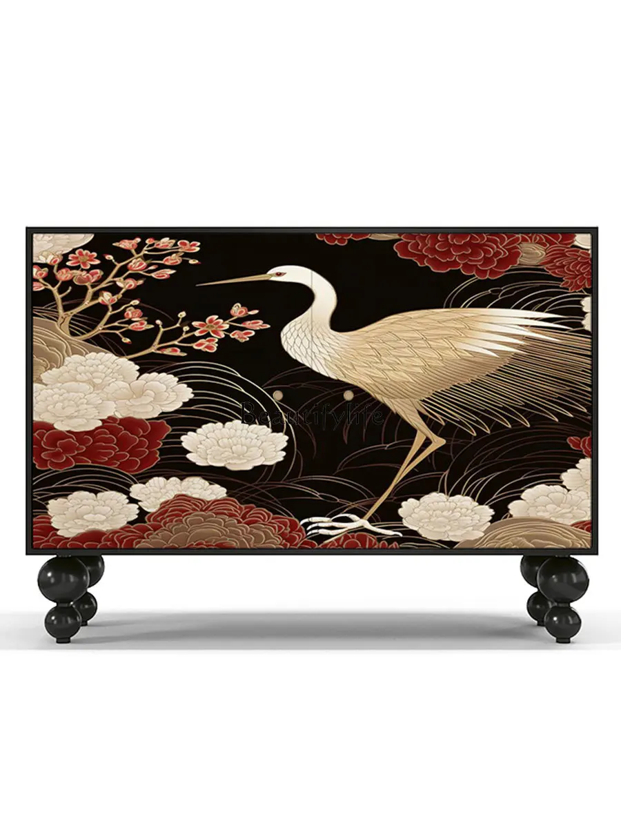 New Chinese Style Solid Wood Art Painted Crane Peony Pattern Printing Custom Hallway Storage Cabinet