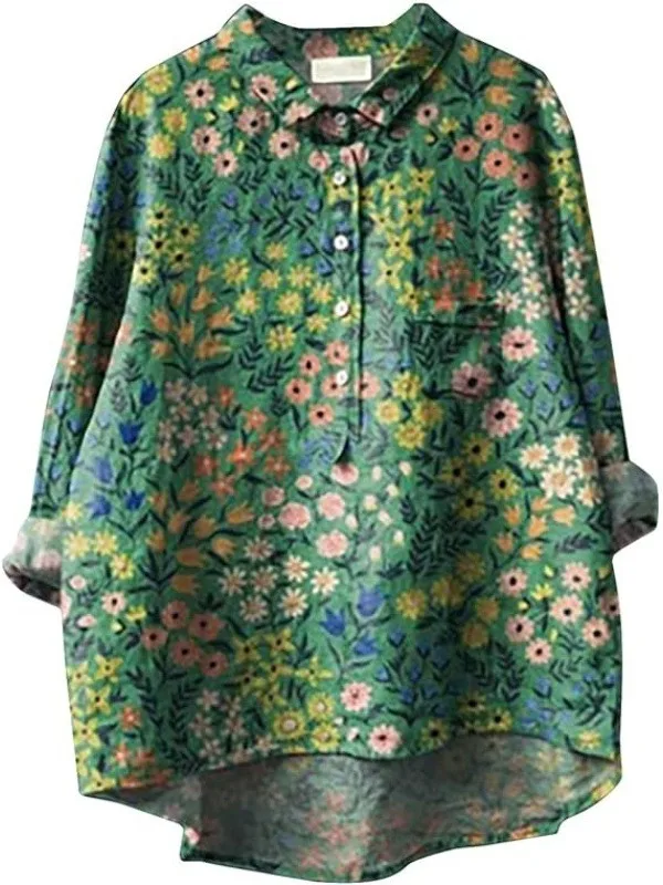

Retro Print Cotton Linen Loose Casual Long Sve irt Women's Faionable Versatile Casual Turn-down Collar Spring irt