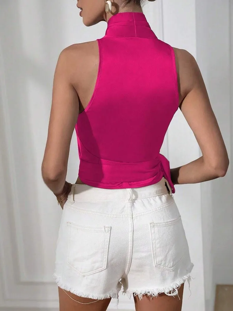 Women's Satin Sleeveless Halter Neck Tie Front Wrap Side Solid Color Slim Fit Blouse Tank Top for Women Clothing Female Fashion