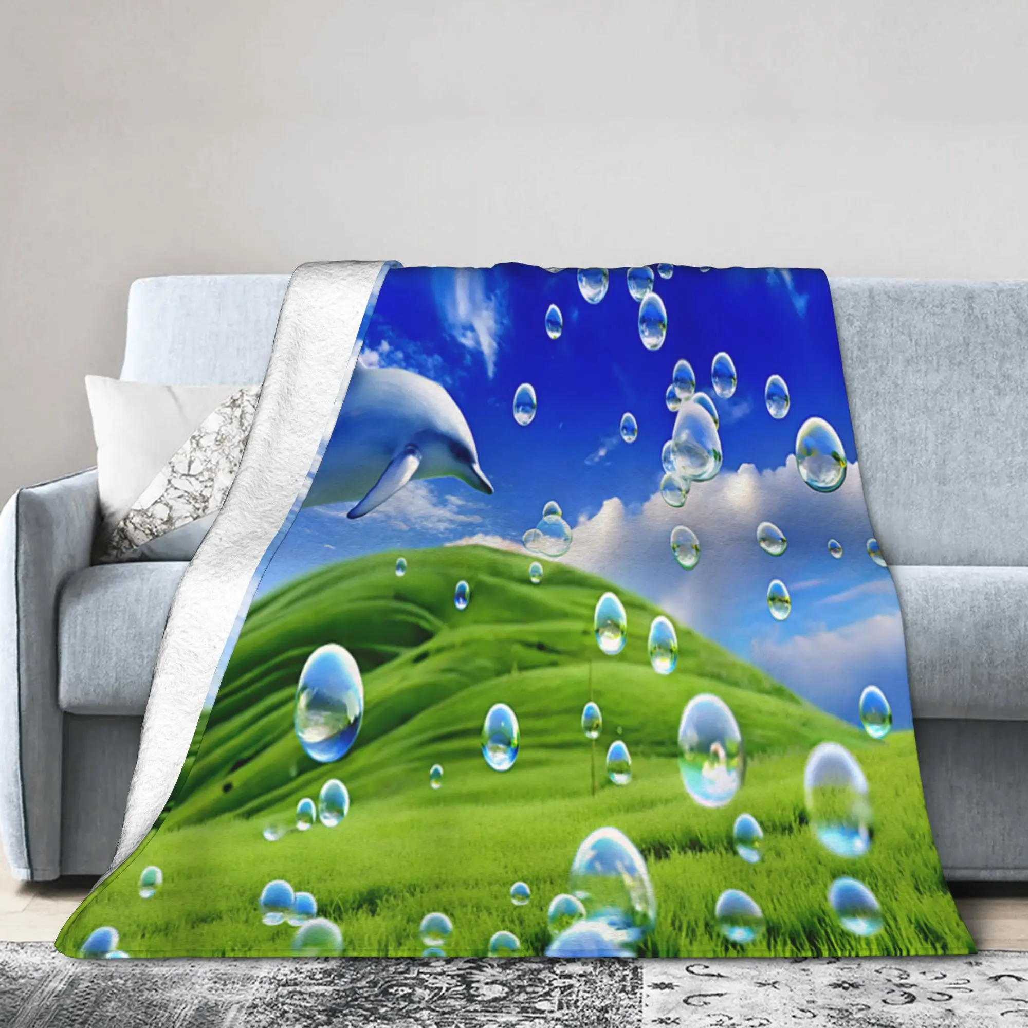 Frutiger Aero Dolphin Meadow Blanket Cover Aesthetic y2k 2000s Ironic  Fleece Throw Blankets Couch Decoration Soft Warm Bedsprea