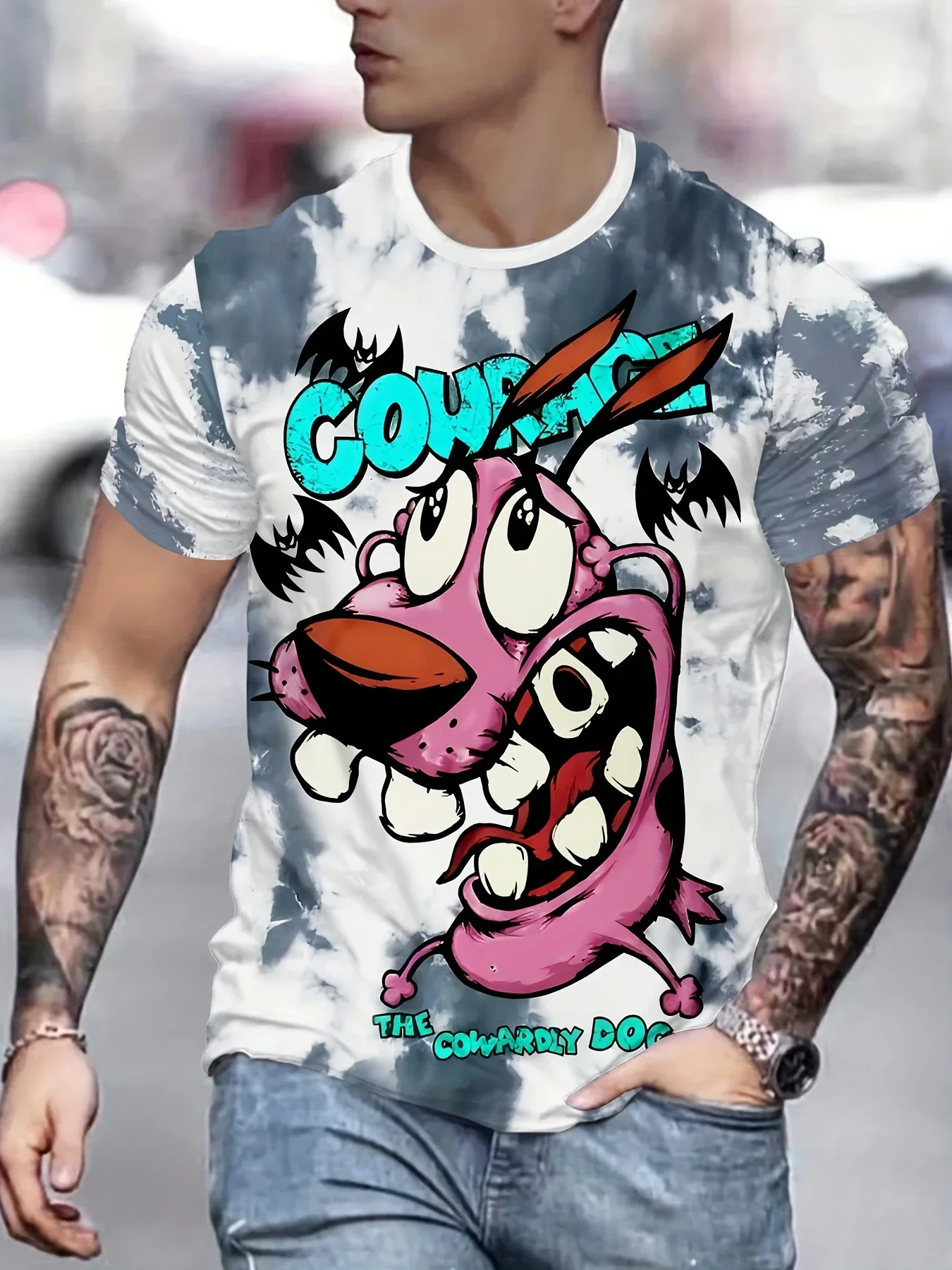 Men's 3D Cartoon Dog Printed T-shirt Polyester Machine Washable Round Neck Knitted Fabric Cowardly Dog Pattern T-shirt