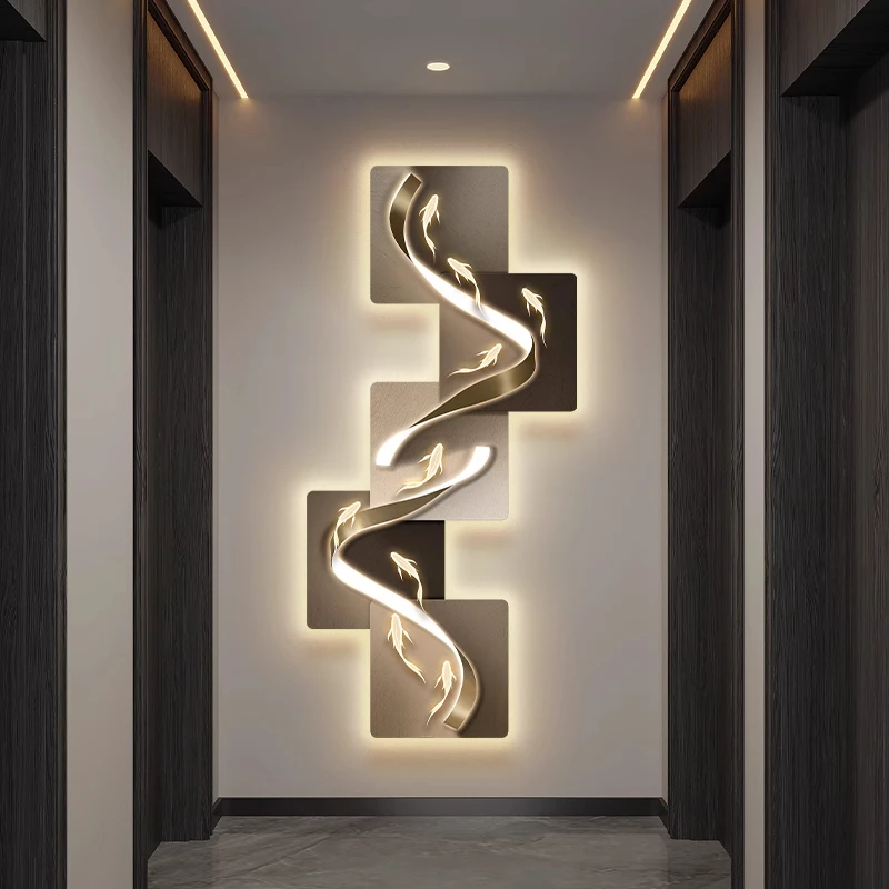 

Nine Fish Mural Painting Light Entrance Decoration Painting Modern Light Luxury Wall Clock Painting Corridor High End Wall Clock