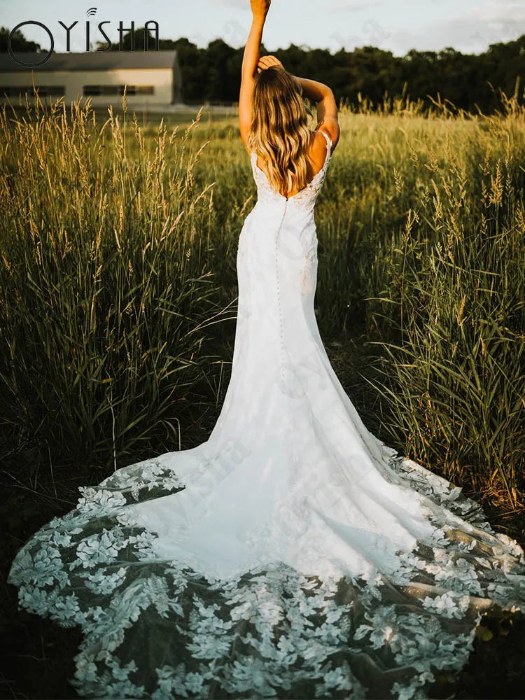 Oyisha-Vestido De Novia con apliques De encaje, traje Sexy De sirena con cuello en V, sin mangas, Espalda descubierta, cola De barrido, hecho a medida Aplicación de encaje sirena vestido de novia sexy fiesta de novias