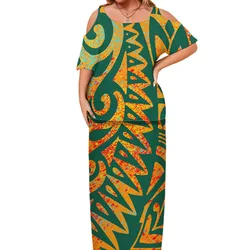 Summer New Custom Tapa Floral Pattern Print Samoa Puletasi Set Ptaha Cut Out off Shoulder Polynesian Tatau Maxi Dresses Women