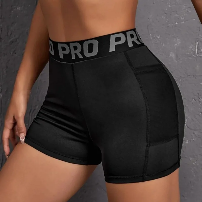 Women Seamed with Pocket Three Point Pants Yoga Shorts High Waist Letter Elastic Butt Lift Leggings Gym Trainning Slim Leggings