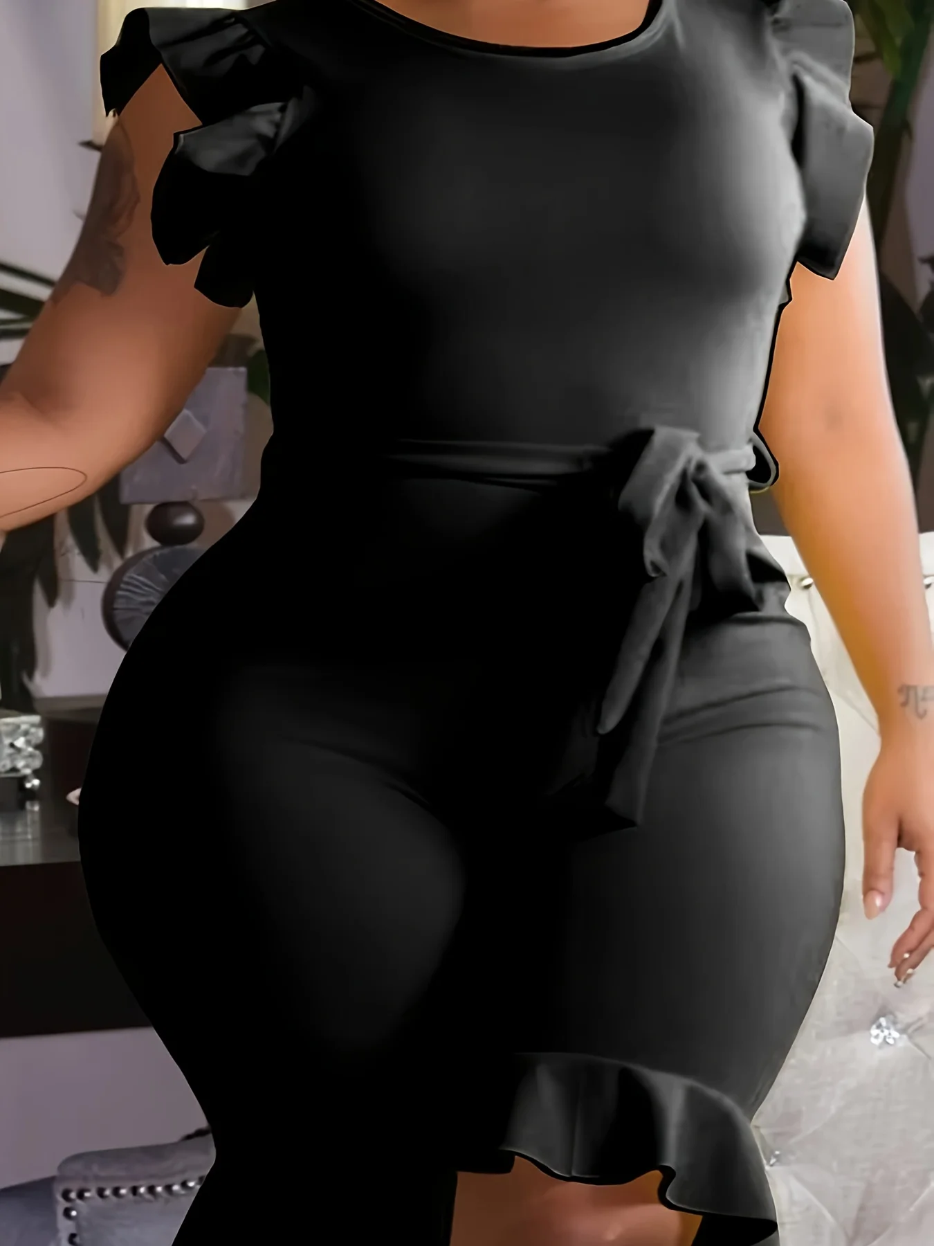 Solid Color Round-Neck Ruffle-Sleeve Tie-Detail Jumpsuit