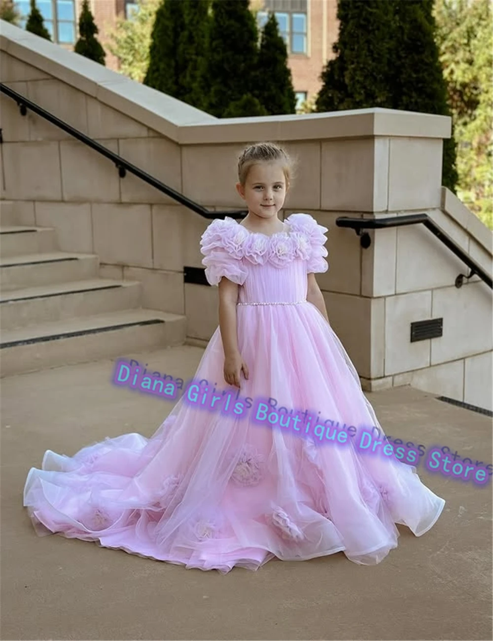 Lovely Pink Flower Girl Dress Tulle Fluffy Wedding Dresses Appliqued Tiered Princess Little Girls Birthday Party Customise Gowns