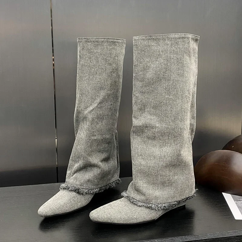 

Aneikeh/Осенне-зимние дизайнерские женские сапоги до колена с острым носком, женские сапоги до колена на танкетке, Botas Largas De Mujer