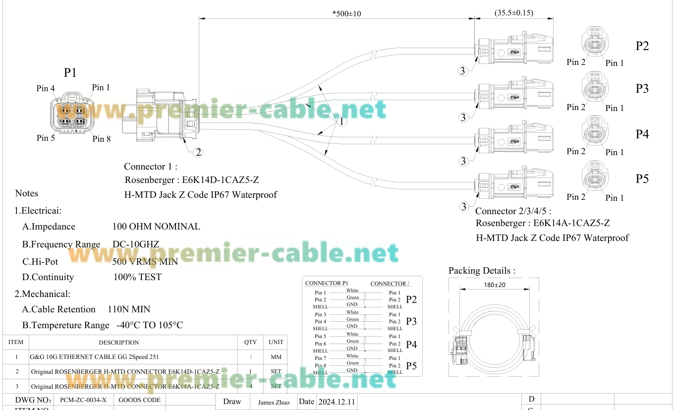 IP67 wasserdichtes H-MTD Gigabit Ethernet abgeschirmtes Kabelbaum-Automobilkabel Rosenberger E6K14D-1BZZ5-Z H-MTD 4-in-1-Splitterkabel – Detail 5