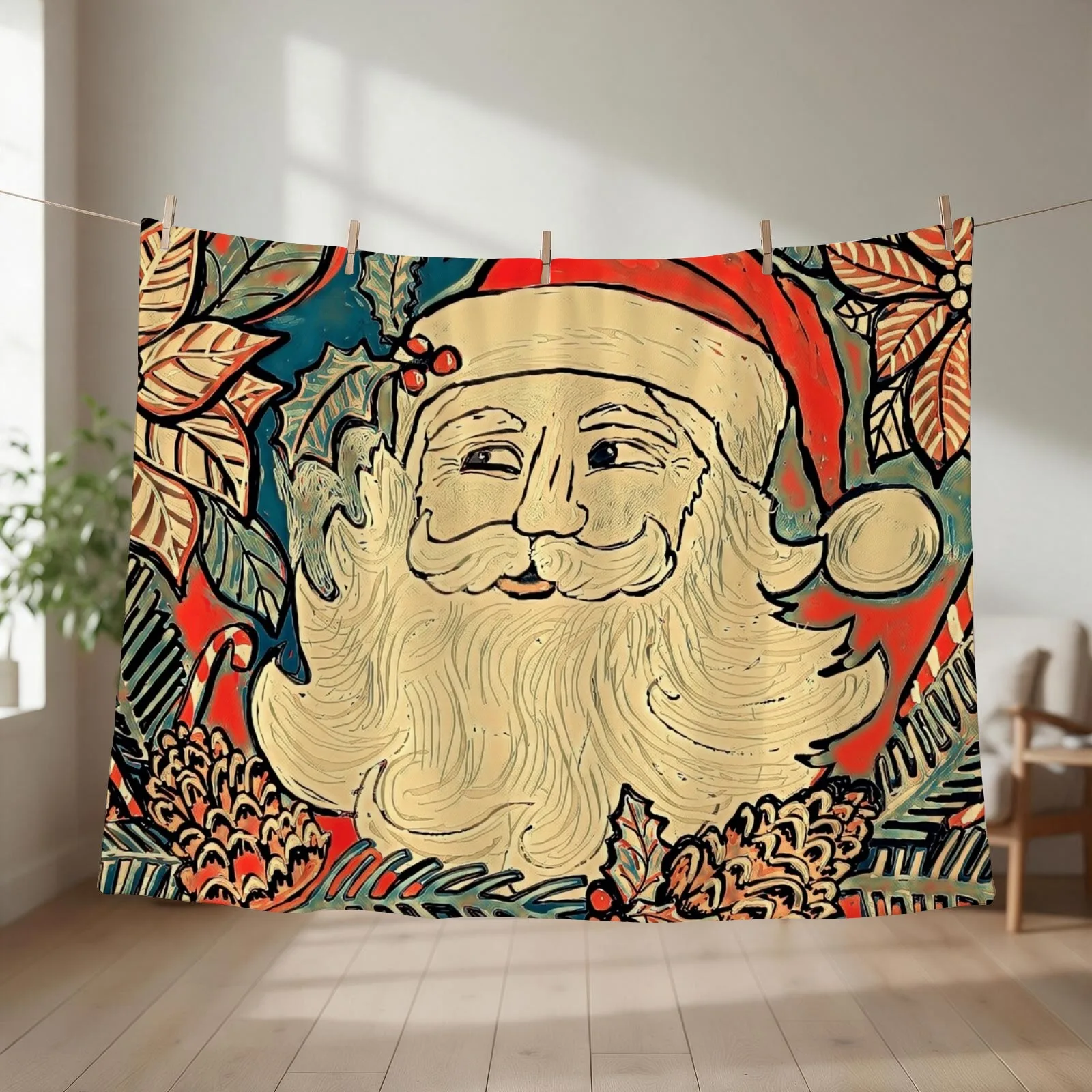 Santa and Holiday Foliage Throw Blanket couch cozy soft plush fuzzy picnic outdoor blanket