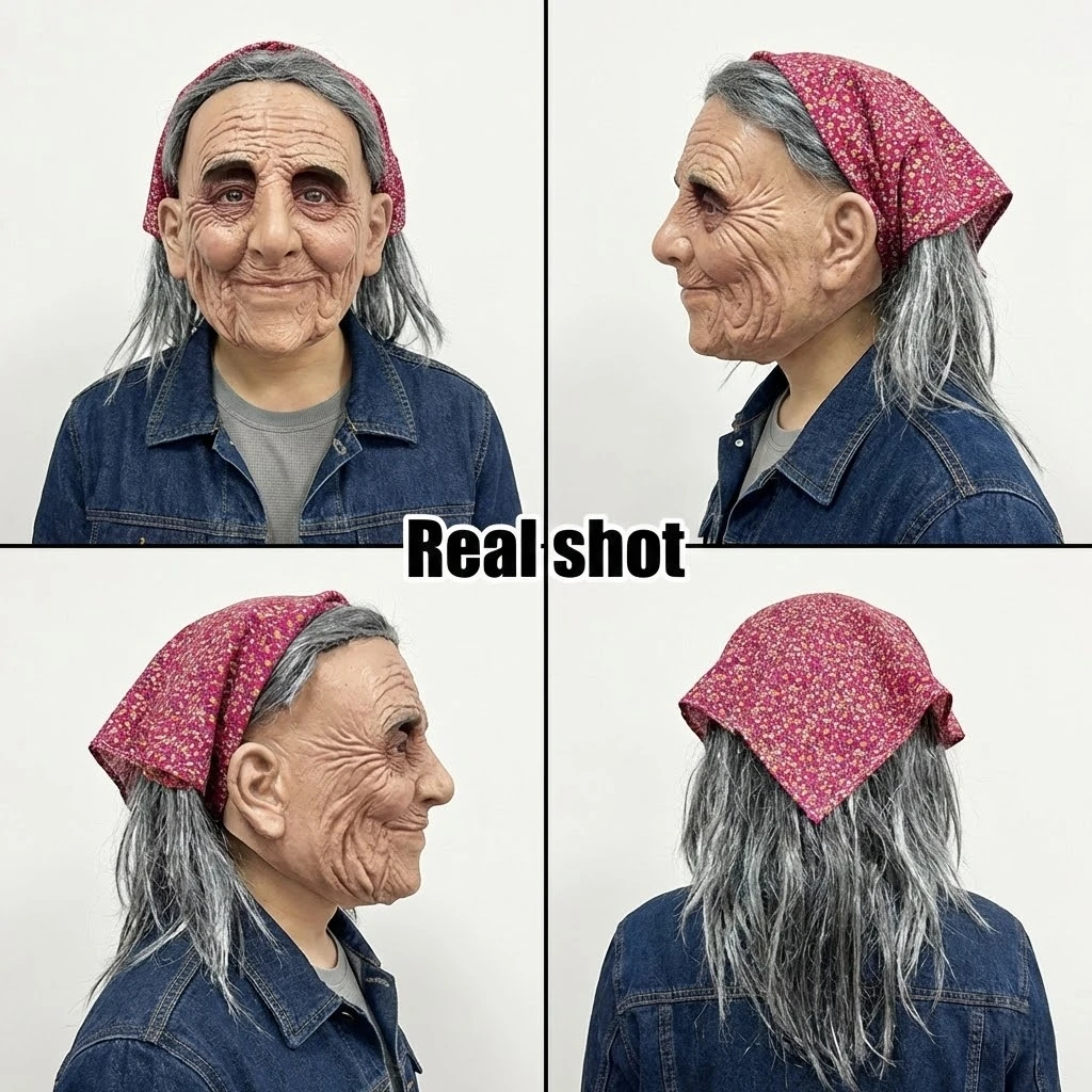 Latex Old Grandma Mask Halloween Costume Party Prop Realistic Wrinkled Old Lady Head Cover Cosplay Latex Mask - view 3
