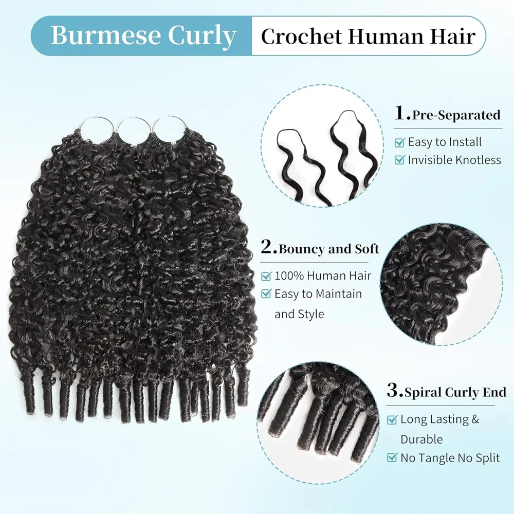 12A Feather Crochet Burmese Curly 100% Human Hair 60g/pc Natural Black Pre-Separated Invisible Burmese Crochet Hair Extensions