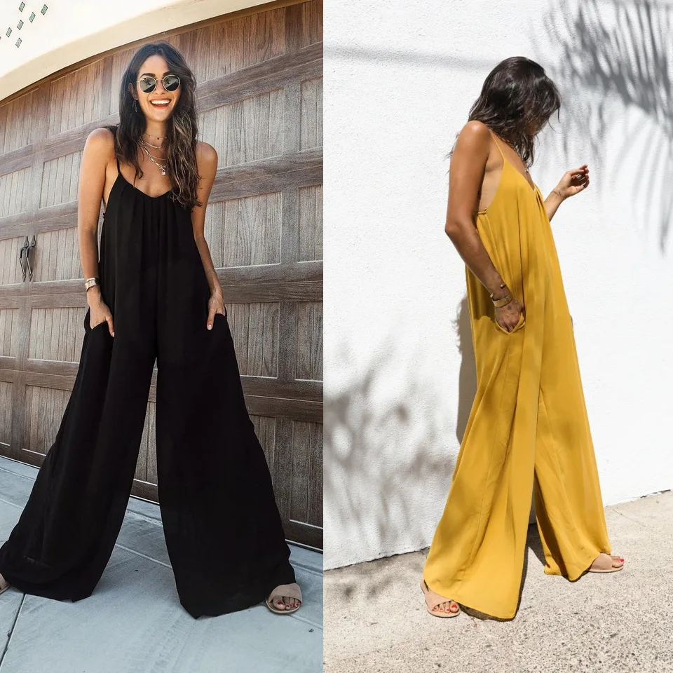 

BKLD Solid Color 2024 Summer New Sexy V-Neck Spaghetti Strap Loose Jumpsuit Casual Vacation Outfis For Women One Pieces